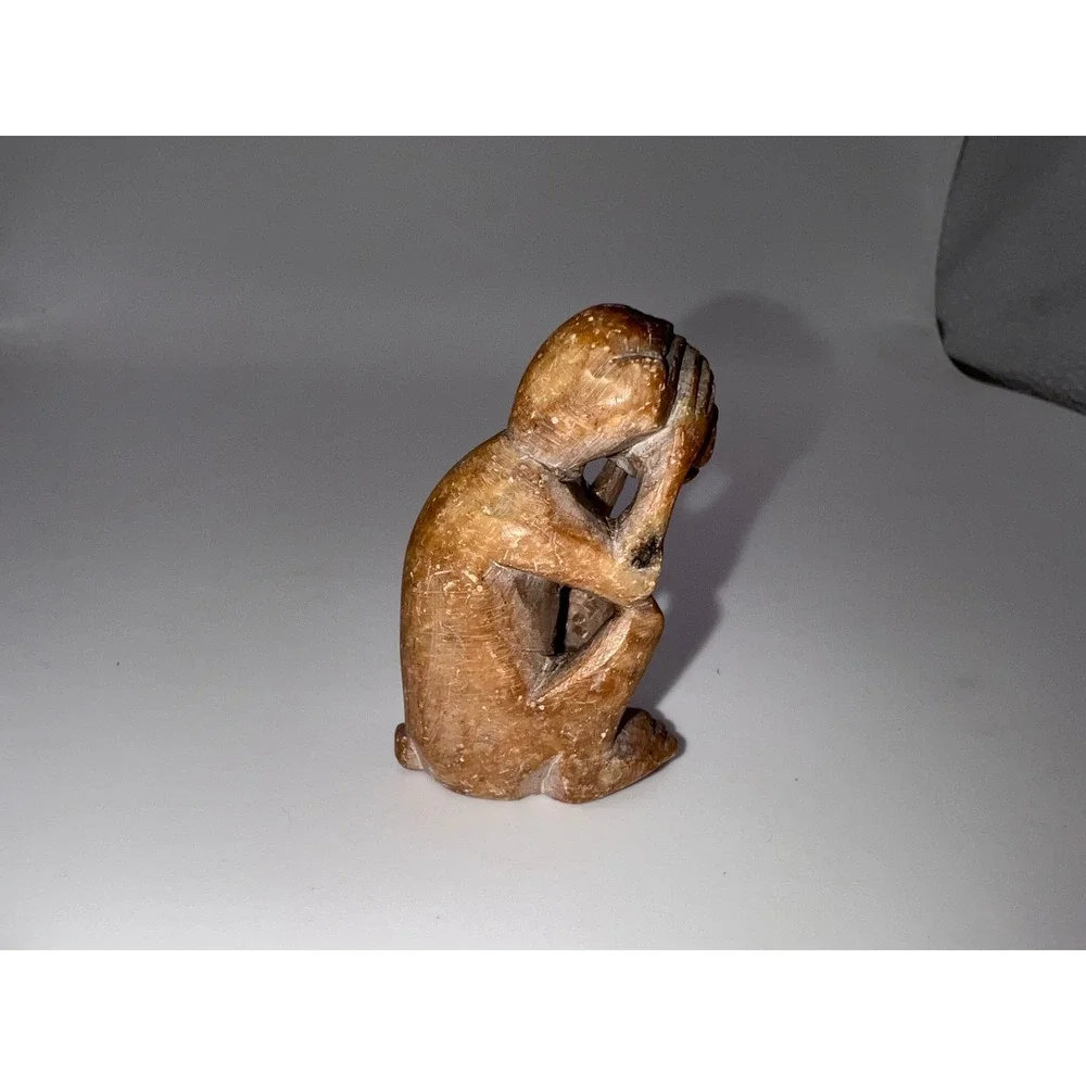 Vintage Hand Carved Soap Stone Brown Monkey See No Evil Figurine Trinket Shelf